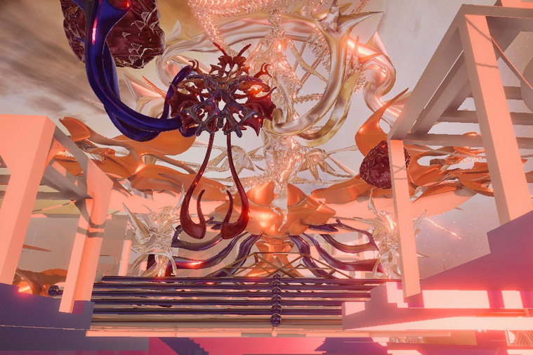 The XDAETA VR environment features a fusion of organic forms and symmetrical architectural structures, evoking an intricate and responsive musical atmosphere