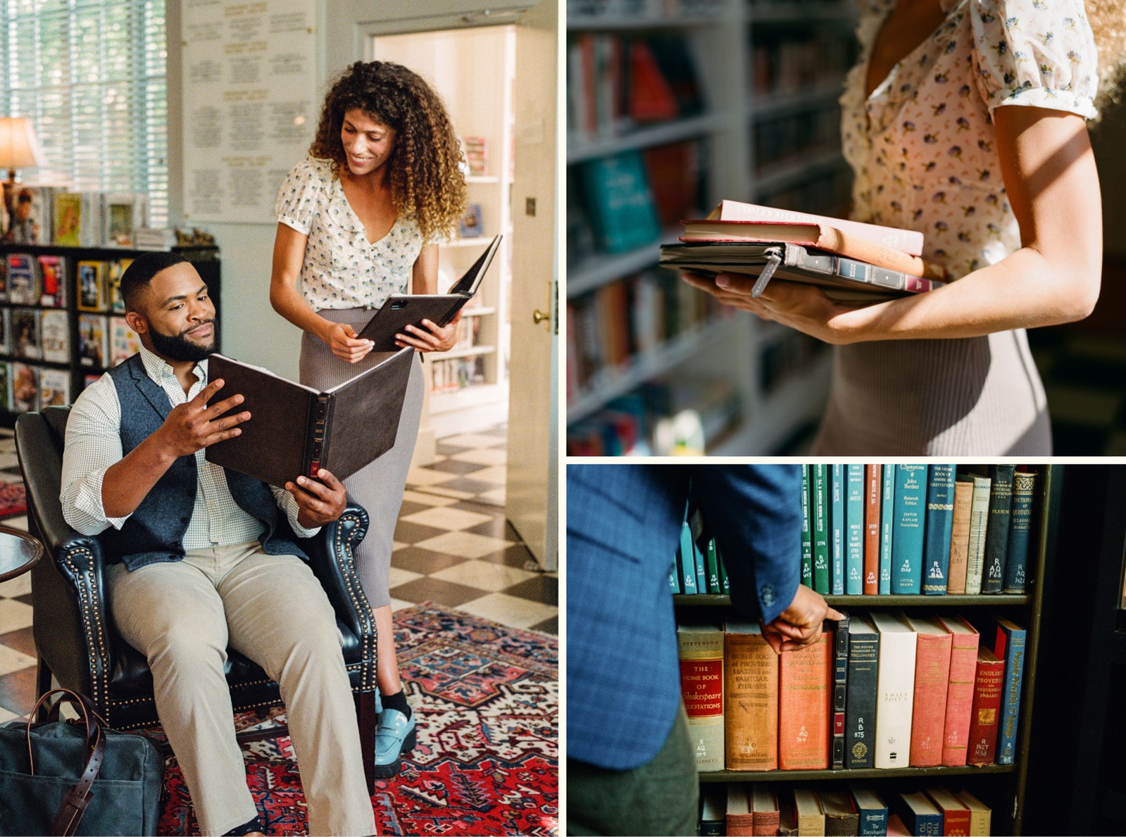 Two young professionals sitting and talking inside a historic library with BookBook products in hand