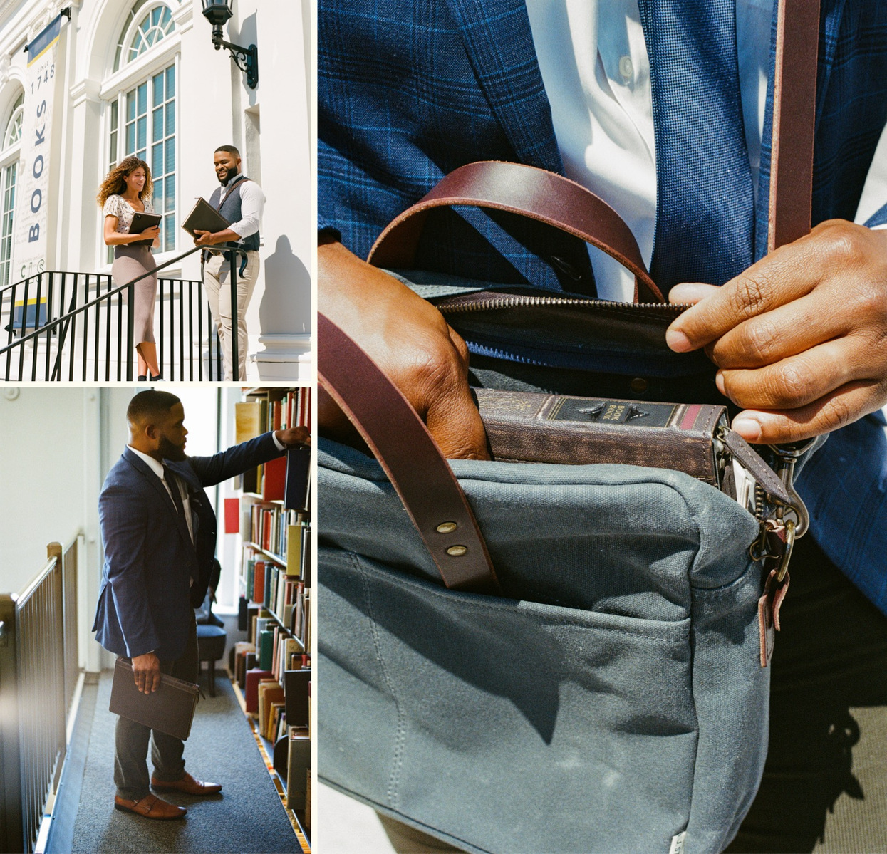 Close-up of hands reaching into a briefcase with BookBook coming out 