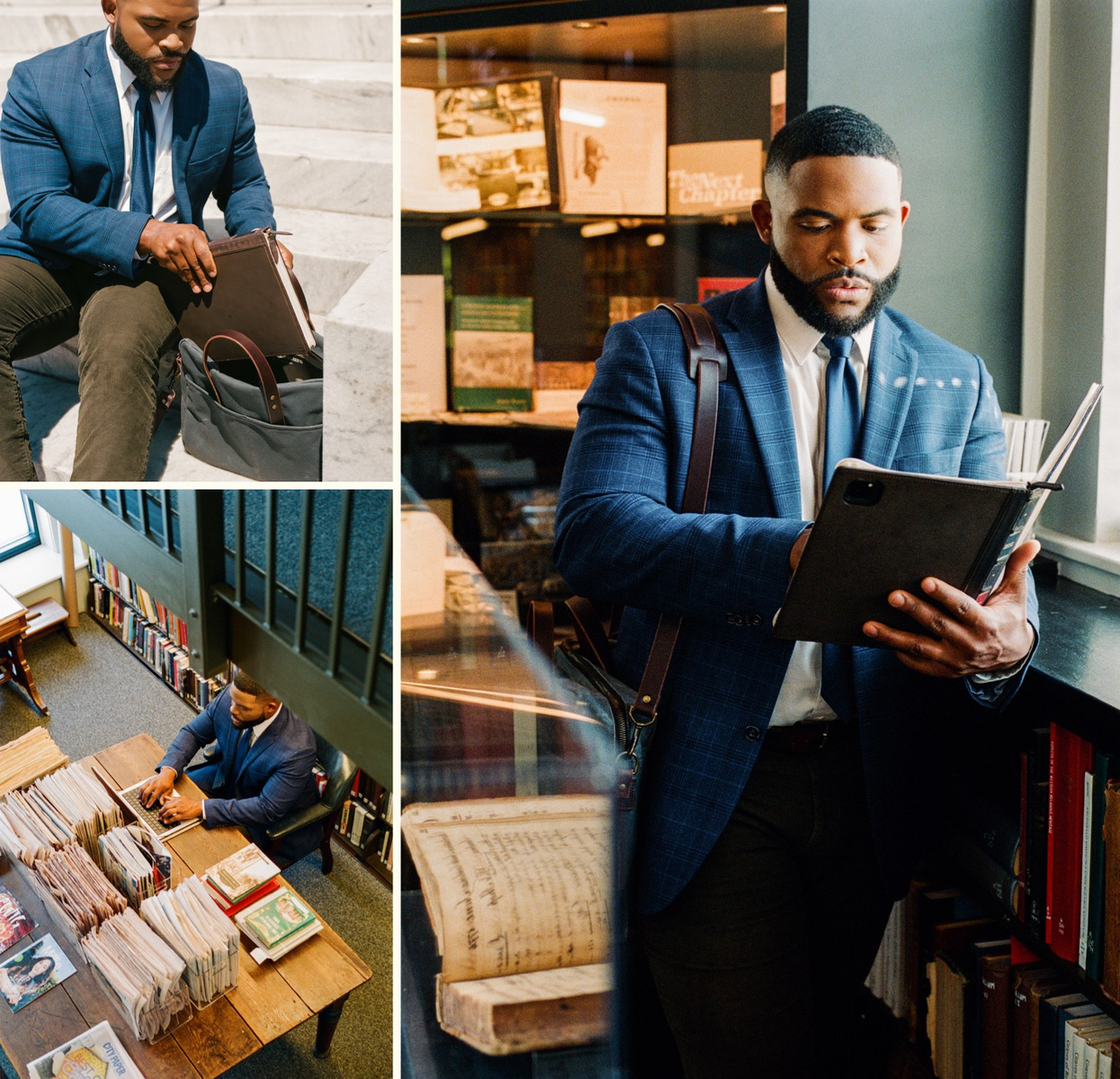 A young professional reading inside a historic library with BookBook products in hand