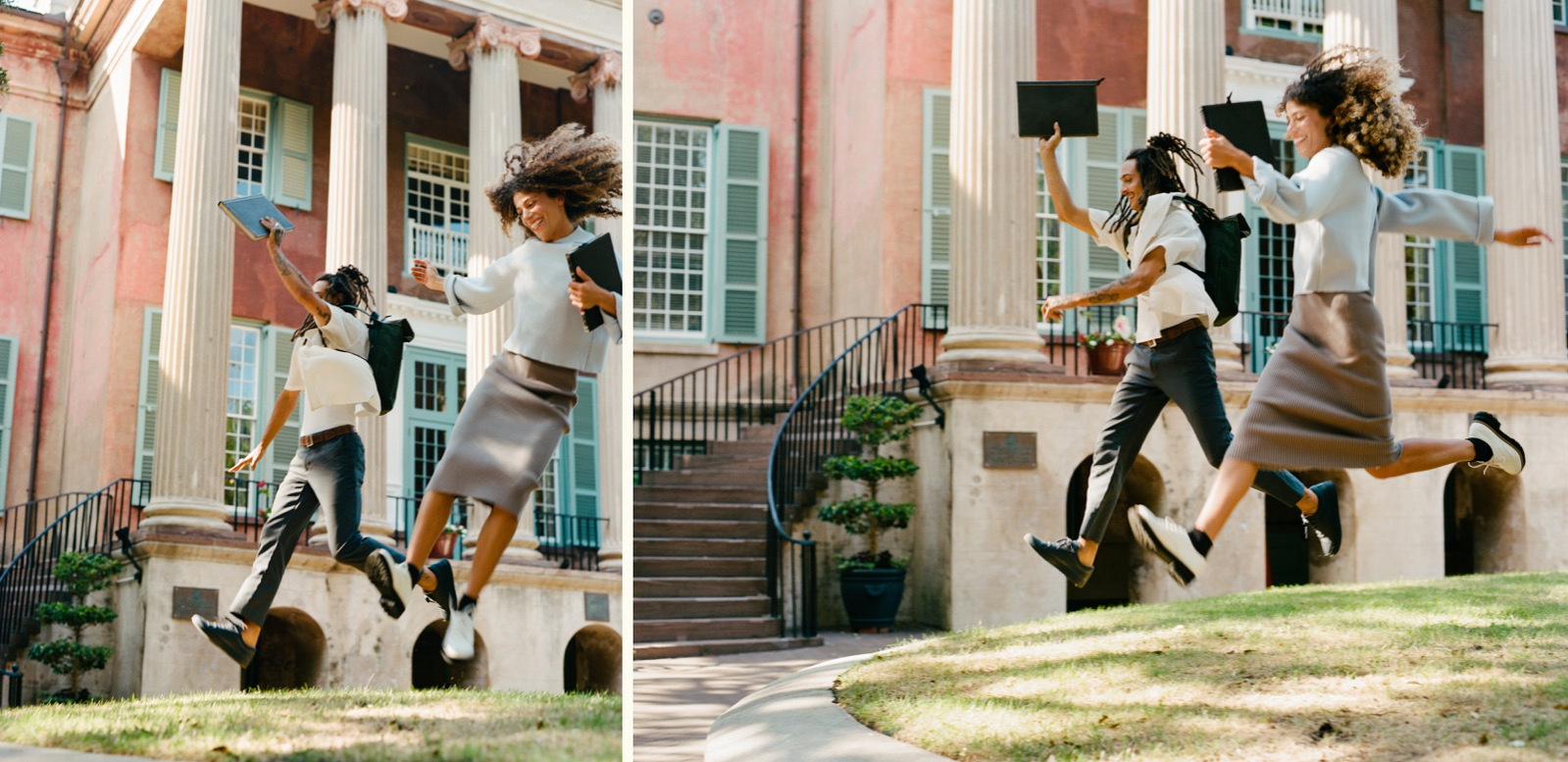 Two students leaping in the air with their books and backpacks flying