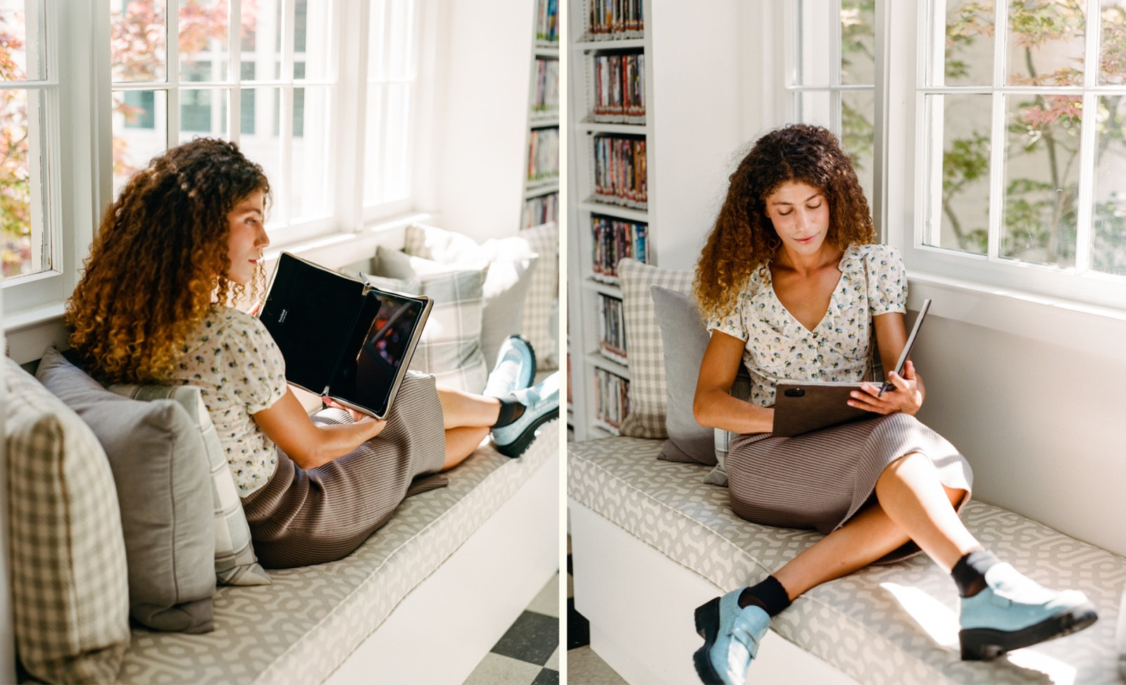 A young professional reading inside a historic library with BookBook products in hand