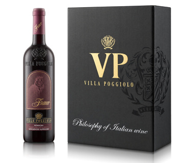 Villa Poggiolo Franco, Romagna Sangiovese Superiore DOP, con astuccio regalo nero: packshot su fondo bianco