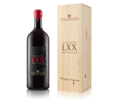 Riserva LXX Settanta Villa Poggiolo con ceralacca rossa e cassetta in legno, foto prodotto per ecommerce