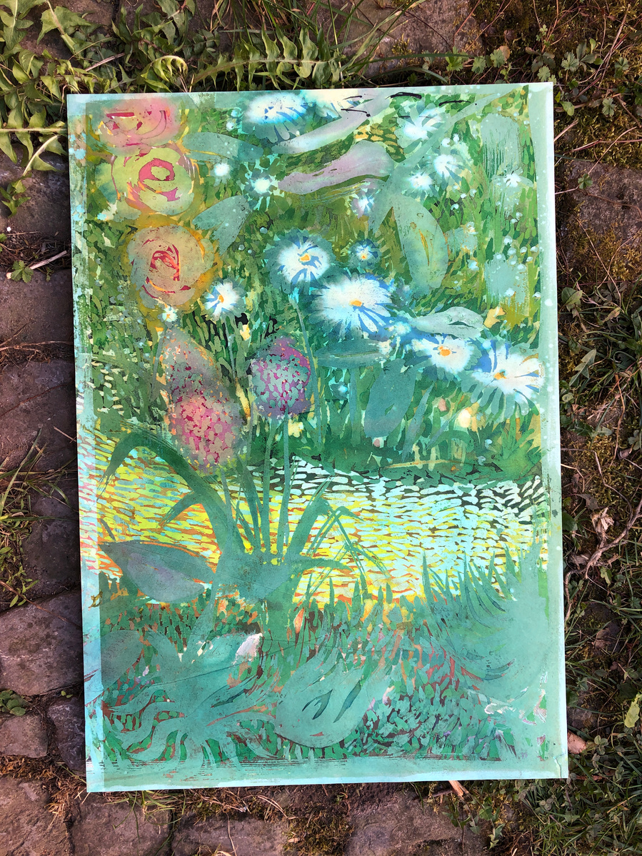 A field of flowers at night. A river made of light. Glowing flower in the dark.