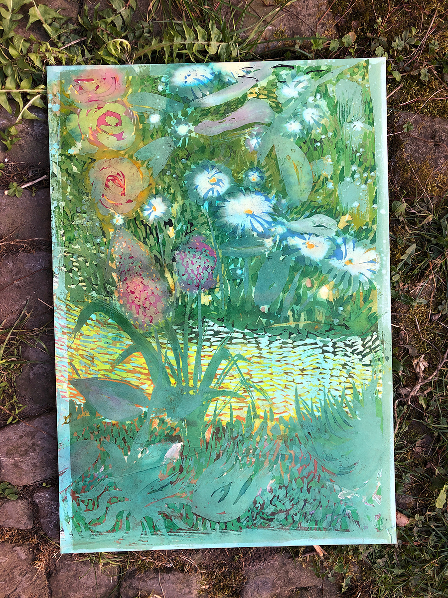 A field of flowers at night. A river made of light. Glowing flower in the dark.