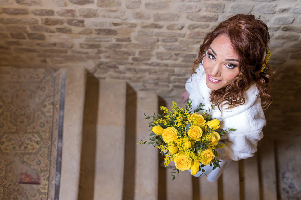 bride and yellow bouquet seen from above