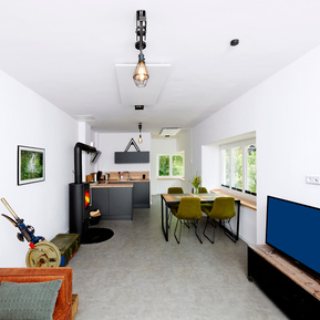 Wohnzimmer im industrial Look mit Kaminofen TermaTech TT21R.