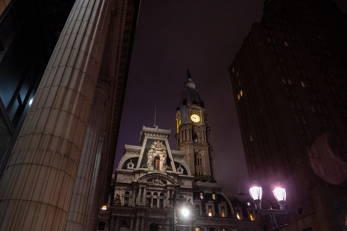 Philadelphia City Hall on a rainy Sunday evening.