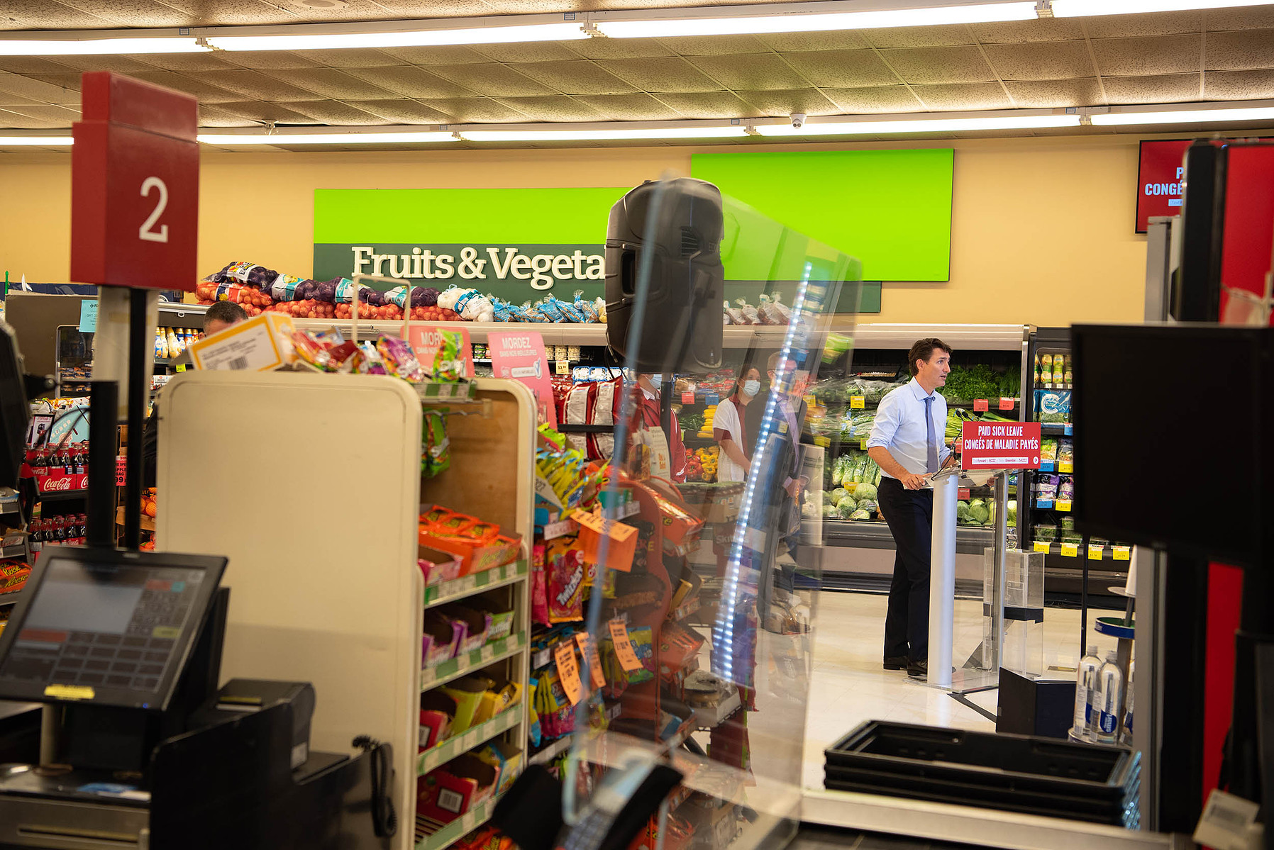 Liberal Leader Justin Trudeau at the Cavalier Drive FoodFare location in Winnipeg on Aug. 20, 2021 during a campaign stop.
