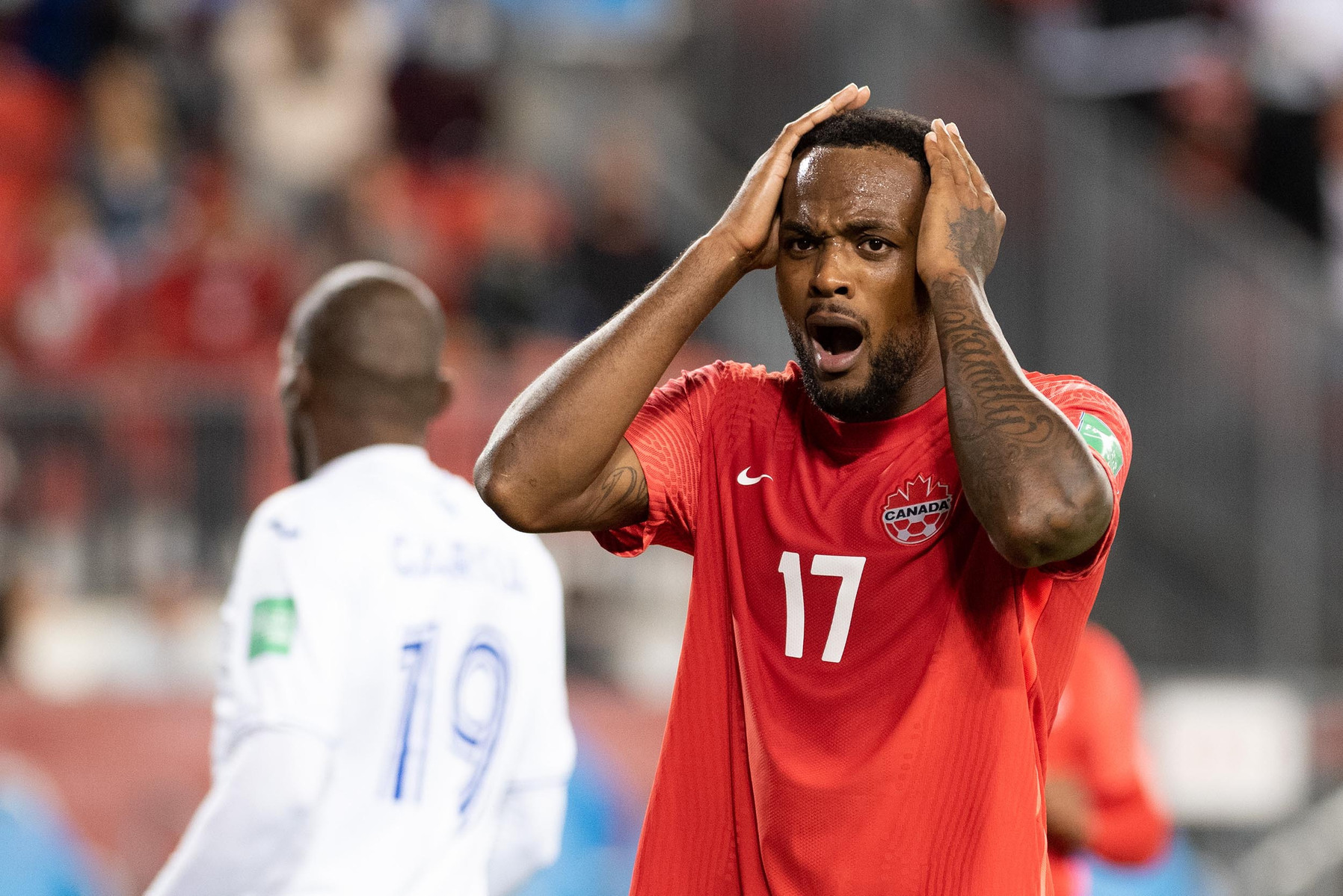 TORONTO, Ont. (02/09/21) - Team Canada's Cyle Larin after Canada fails to convert on a high quality scoring chance against Honduras during a FIFA World Cup qualifier at BMO Field in Toronto on Sept. 8, 2021. The game ended in a 1-1 draw.