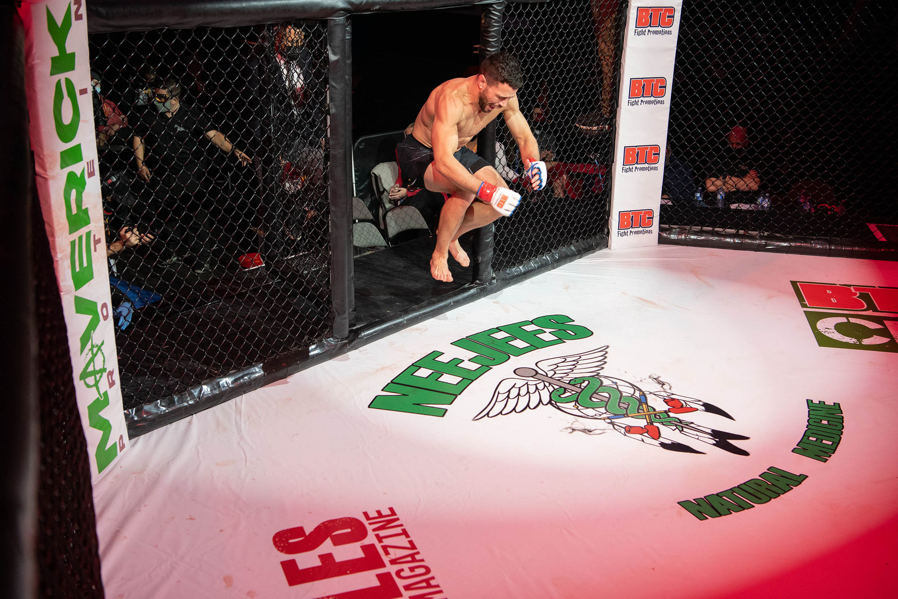 Xavier Nash jumps into the octagon before a 165-pound division fight against Thomas Glot during the BTC 13 Power event at the Meridian Centre on Nov. 20, 2021 in St. Catharines, Ont. Nash won the fight by unanimous decision. Photo by Alex Lupul
