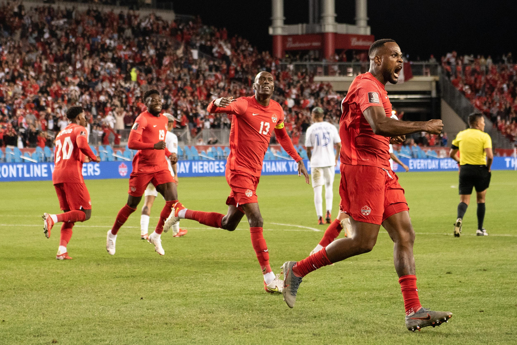 TORONTO, Ont. (02/09/21) - Team Canada's Cyle Larin celebrates following a game tying penalty against Honduras during a FIFA World Cup qualifier at BMO Field in Toronto on Sept. 8, 2021. The game ended in a 1-1 draw. Photo by Alex Lupul