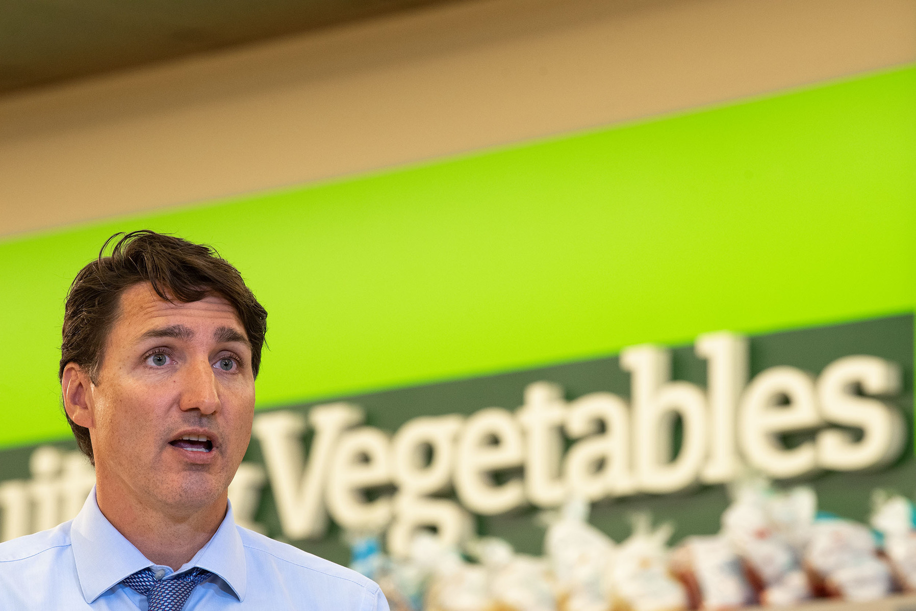 Liberal Leader Justin Trudeau at the Cavalier Drive FoodFare location in Winnipeg on Aug. 20, 2021 during a campaign stop.
