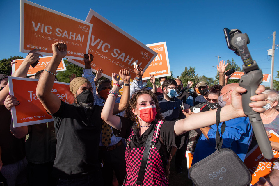 NDP leader Jagmeet Singh makes a video with supporters.