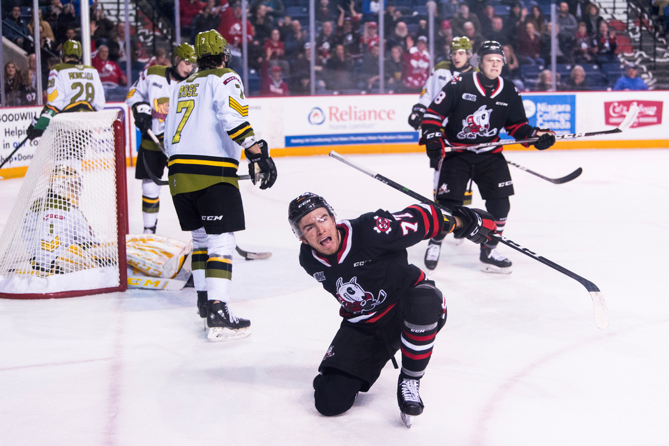 Niagara IceDogs defenceman Dakota Betts celebrates after scoring a goal against the North Bay Battalion in St. Catharines, Ontario, March 1, 2020. Photo by Alex Lupul