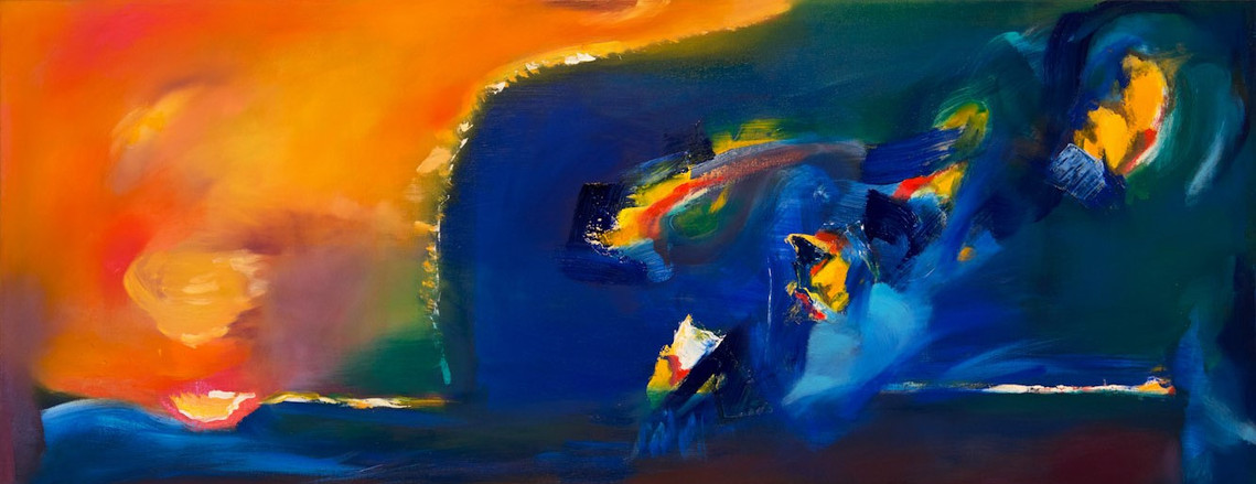 Bold blues and oranges dominate this abstract painting by artist Mitsuko Namiki