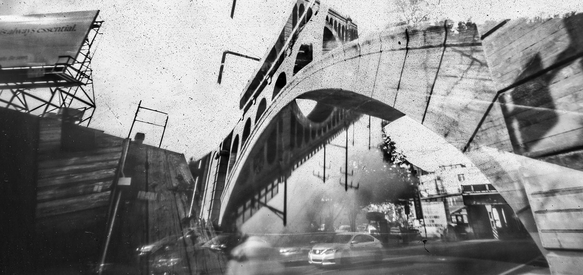 Manayunk Bridge pinhole photo. Accidental multiple exposure.