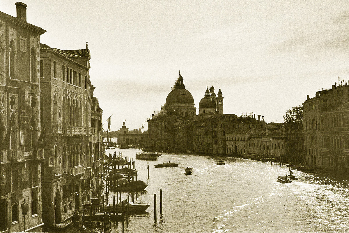 Black & white photo of canal, Venice, Italy