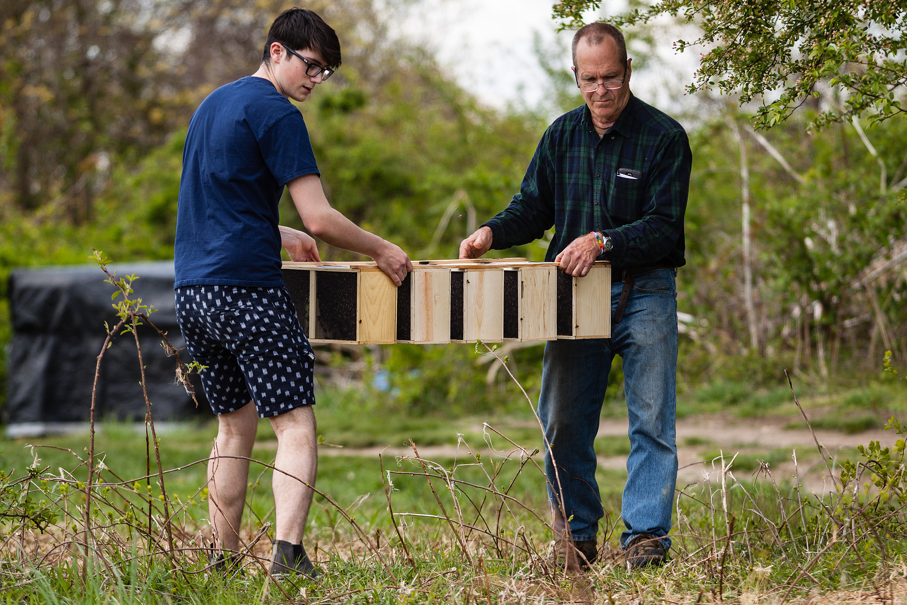 Wynn Geary helps Norris Childs carry nucs that will be installed at the apiary