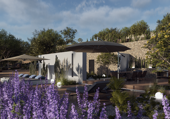 Outdoor SPA in Spanien an der Mittelmeerküste. Outdoor Design, Pooldesign, Spa-Planung, Renderbild