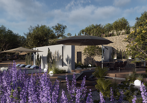 Outdoor SPA in Spanien an der Mittelmeerküste. Outdoor Design, Pooldesign, Spa-Planung, Renderbild