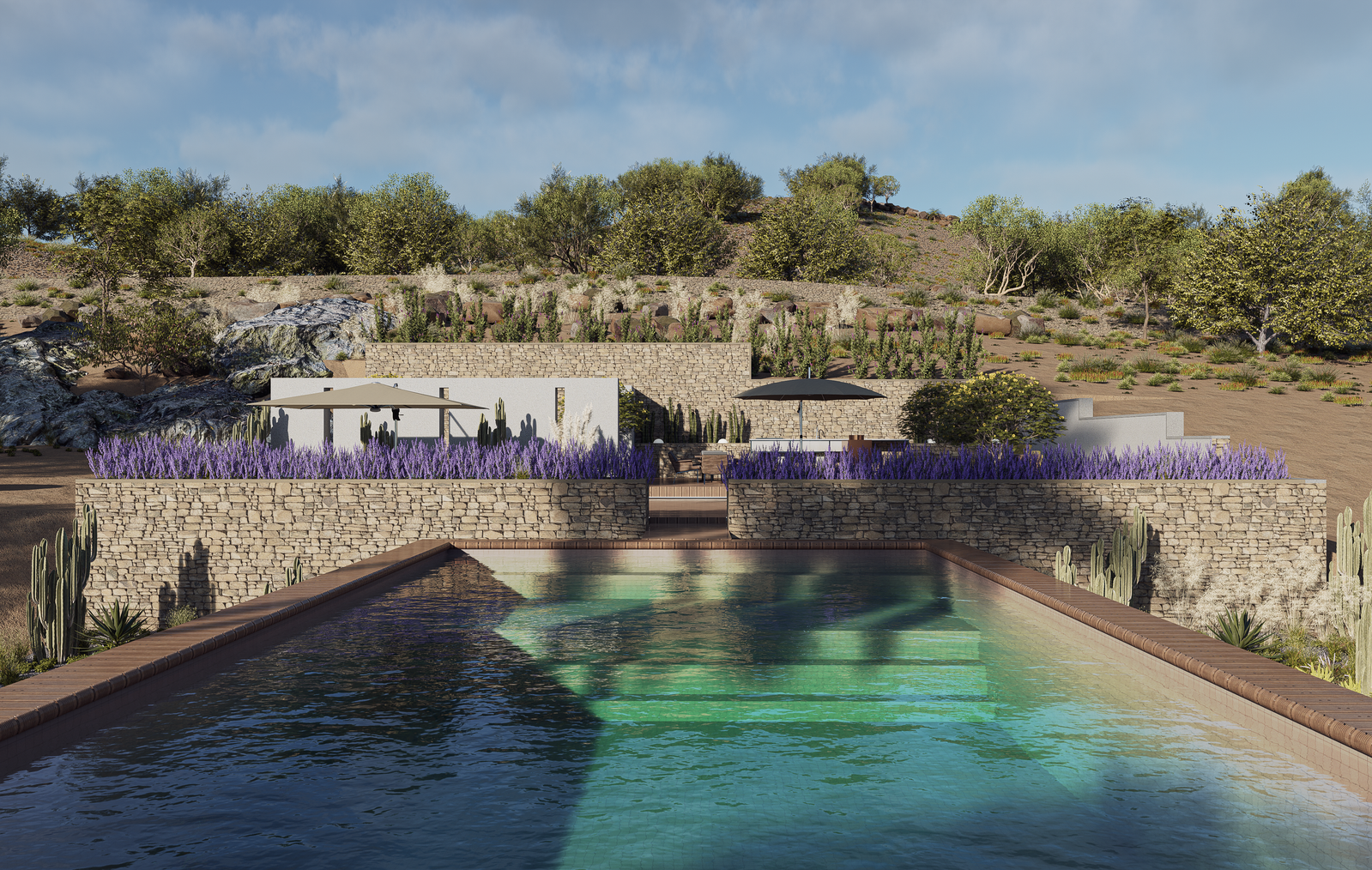 Pool und outdoor SPA in Spanien, Andalusien. Pooldesign, 3D Fotorealistisches Bild