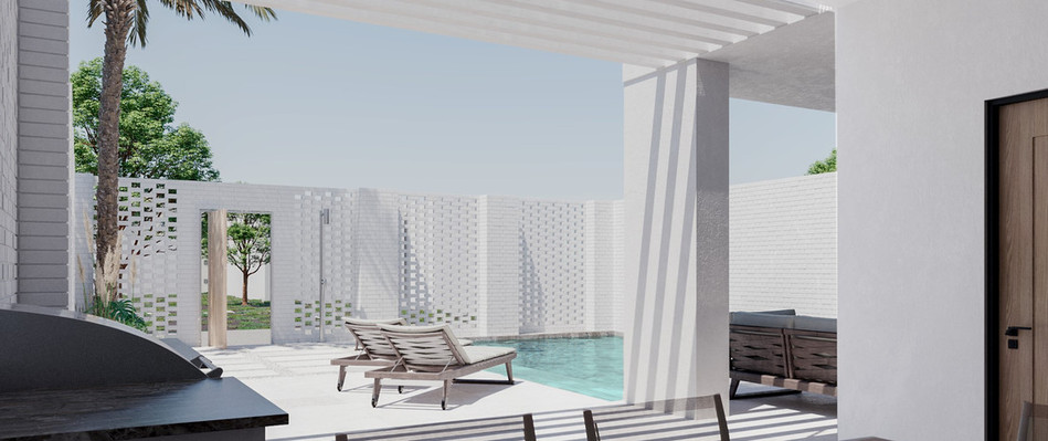 Patio and pool design, White brick wall architecture, holiday home in crete