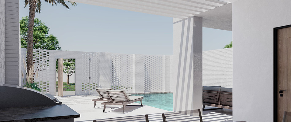 Patio and pool design, White brick wall architecture, holiday home in crete