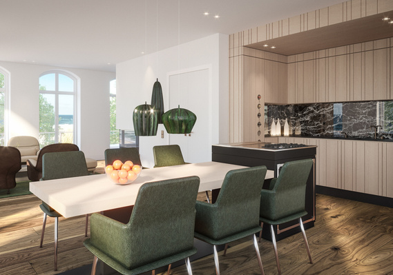 Modern contermporary Einrichtung. Esszimmer, Wohnküche. Sessel und Stühle von DePadova, italienisches Design. Moderne Holzvertäfelung, Onyx Marmor