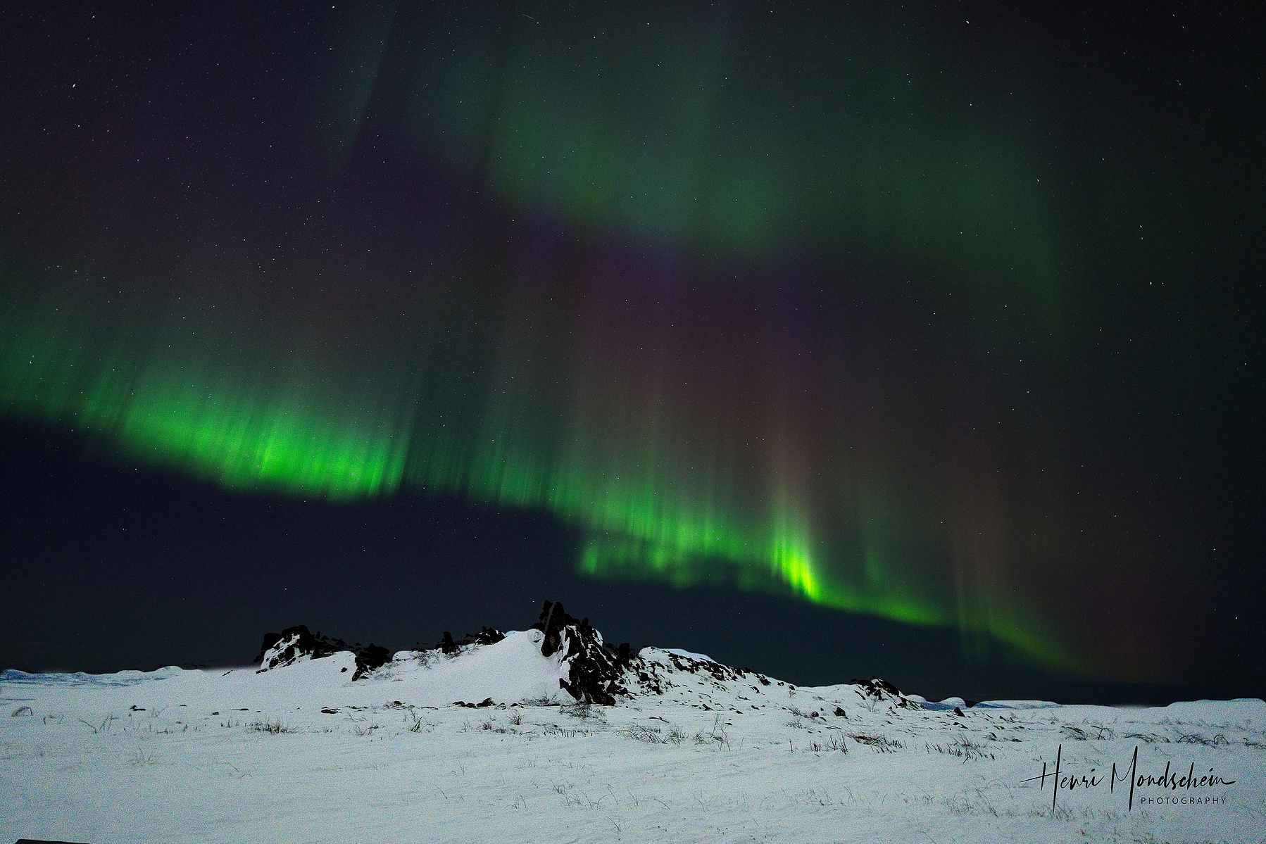 Curtains of light flow over a snow-covered landscape in Fairbanks, Alaska