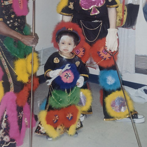 Young child dressed in traditional Trinidadian sailor masquerading costume for Carnival in Edmonton Alberta circa 1993