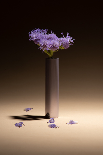 Très petites fleurs mauves placées dans un bouchon de crayon pour les yeux à la manière d'un bouquet, sur fond beige et noir.