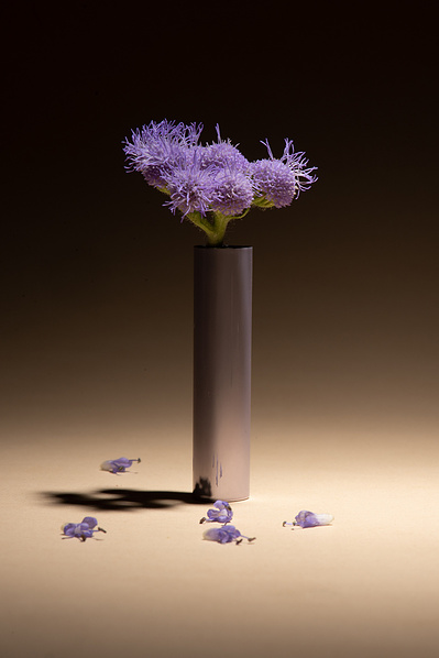 Très petites fleurs mauves placées dans un bouchon de crayon pour les yeux à la manière d'un bouquet, sur fond beige et noir.