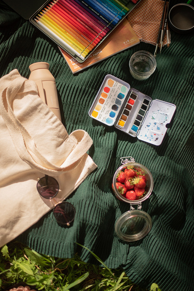 Accessoires de dessin, fraises, sac et lunettes de soleil sur une couverture verte dans l'herbe.
