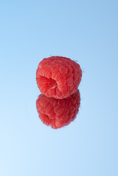 Framboise et son reflet sur fond bleu ciel.