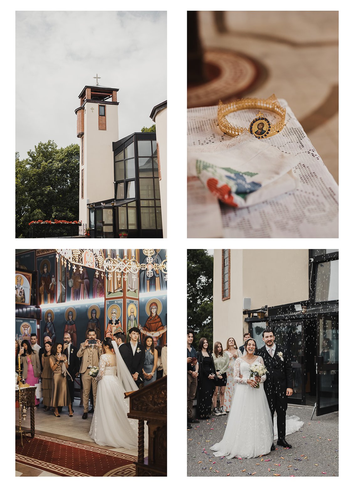 Kollage på 4 bilder. Kyrktornet, detaljbild på guldkrona och handduk på ett bord, bild på brudparet i kyrkan. Brudpar utanför kyrkan med ett ett regn av ris.