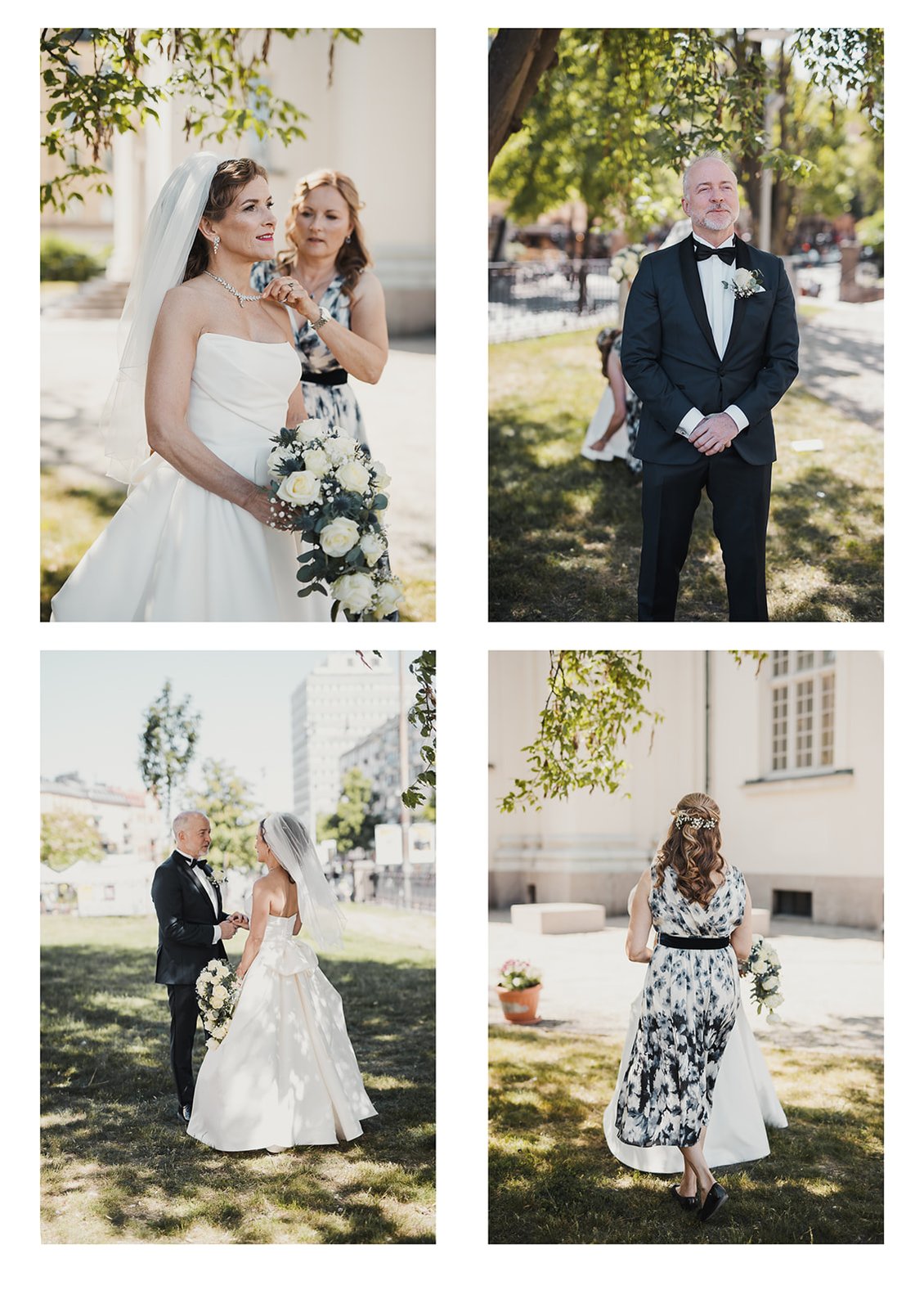 Ett kollage av 4 bilder utomhus med scener från first look. En brud med vit långklänning och slöja, hennes tärna i uppsatt hår och blommig klänning. Brudgummen i blå kostym och blomma på kavajen.