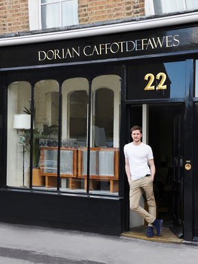 Photo of Dorian Caffot de Fawes outside his antiques gallery shop in London