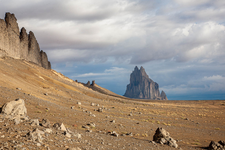 Shiprock in northwestern New Mexico, is part of a volcanic formation. While the Shiprock is the pinnacle of the formation, miles of a volcanic wall is unearth in parts near Shiprock. August 2022.