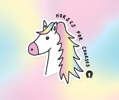 Illustration of a white horses' head with rainbow hair and a pink nose with the phrase