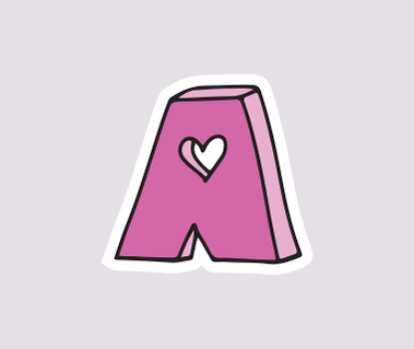 Illustration of a 3D pink letter 'A' with a black outline and a heart in the gap at the top on a purple lilac background