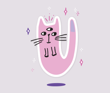 Illustration of a pink, mystical cat with three eyes floating above the ground with stars around it on a purple lilac background