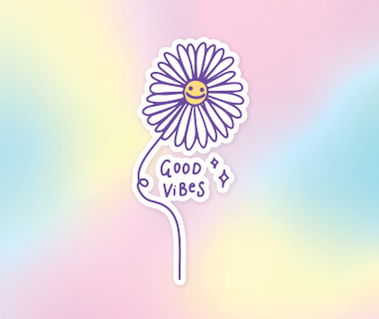 Illustration of a daisy flower with a smiley face on a colourful background with the words
