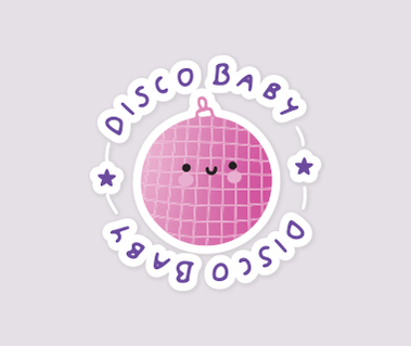Illustration of a pink disco ball with a cute smiling face on it and the words 