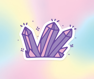 Illustration of a purple and pink cluster of crystals with sparkles coming off the tips on a colourful background