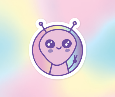 Illustration of a cute pink and purple alien giving the peace sign with its hand on a colourful background.