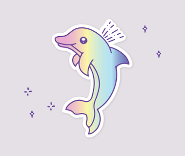 Illustration of a rainbow dolphin with stars around it on a purple lilac background