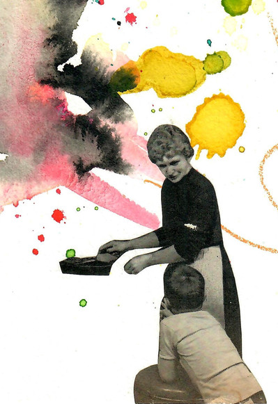 Natalie Bradford: Moms on a Mission, 2021, watercolor and collage on watercolor paper, 9 x 13 cm, $45.