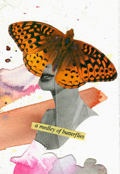 Natalie Bradford: Medley of Butterflies, 2021, watercolor and collage on watercolor paper, 10 x 15.2 cm, $50.